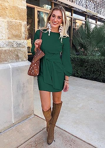 PRETTYGARDEN Women’s Elegant Long Lantern Sleeve Short Dress Crewneck Tie Waist Knit Cocktail Dress Dark Green