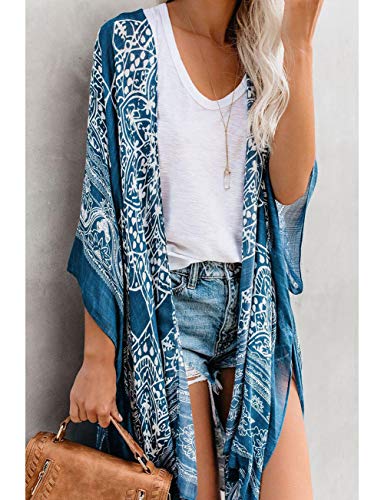 Bsubseach Loose Printed 3/4 Sleeve Kimono Cardigan
