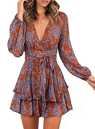 Dokotoo Women Dresses Cute Spring Boho Fall Casual Sexy Deep V Neck Ruffle Chiffon Lantern Long Sleeve Elegant Floral Printed Hawaiian Flowy Mini Short Skirt Dresses for Women Party 2022 X-Large