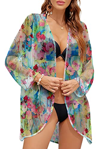 PCEAIIH Women's Floral Kimono Cardigans Chiffon Casual Loose Open Front Cover Ups Tops(Small, Black)