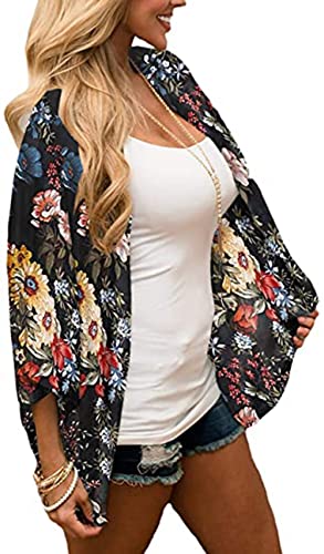 Naivikid Womens Floral Print Loose Puff Sleeve Kimono Cardigan Lace Patchwork Cover Up Blouse Lotus Root Gray 01 L