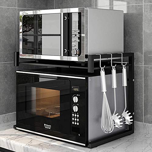 PUSDON Extendable Microwave Oven Rack, Adjustable Microwave/Toaster Shelf Heavy Duty Stand Kitchen Counter Top Organizer(L15.7~23.6" xW12.6 xH18.9), 2-Tier with 3 Hooks, 160lbs Weight Capacity, White