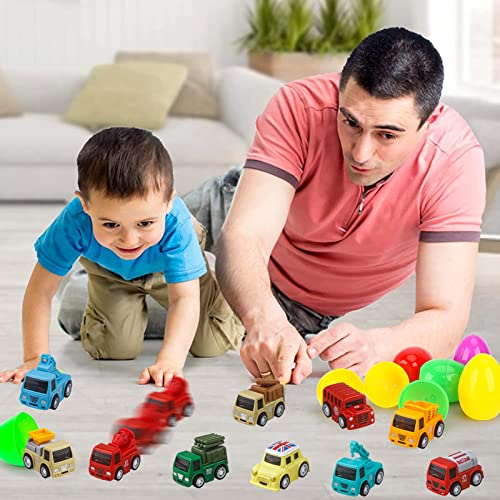 Dokeawo Easter Eggs Filled with Toys, 10Pcs Easter Eggs with 10Pcs Mini Pull-back Car Toys for Easter Egg Hunt, Easter Gifts for Kids, Easter Basket Stuffers for Kids