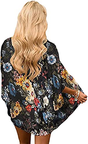 Naivikid Women's Summer Floral Print Kimonos Loose Half Sleeve Chiffon Cardigan Blouses Casual Cover Up White Red Flowers L