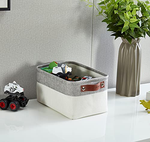 DECOMOMO Foldable Small Storage Bin | Rugged Canvas Fabric Basket Container W/ Leather Handles | Great for Organizing Closets, Offices, Nurseries and Homes (Grey and White, Small - 6 Pack)