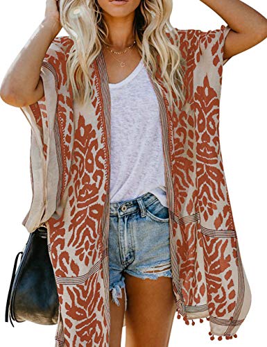Bsubseach Loose Printed 3/4 Sleeve Kimono Cardigan