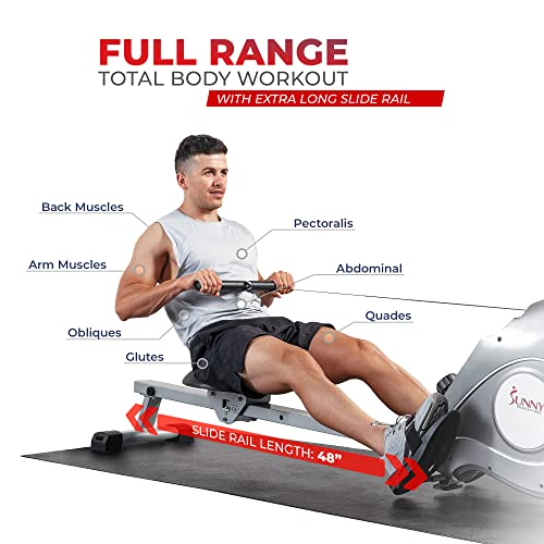Sunny Health & Fitness Rowing Machine with Magnetic Resistance, LCD Monitor, 8-level Resistance, 1117 mm Step Length, 113 KG Max. Weight - SF-RW5515, Ergometer, Training Computer