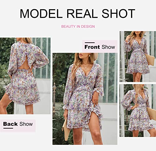 Dokotoo Women Dresses Cute Spring Boho Fall Casual Sexy Deep V Neck Ruffle Chiffon Lantern Long Sleeve Elegant Floral Printed Hawaiian Flowy Mini Short Skirt Dresses for Women Party 2022 X-Large