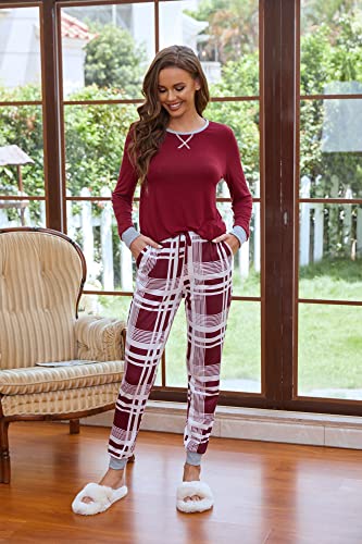 Ekouaer Women's Long Sleeve Pj Soft Crew Neck Pajama Long Sleeve Sweatshirt with Long Pants Red Plaid,Medium