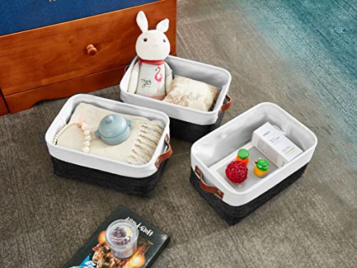 DECOMOMO Foldable Small Storage Bin | Rugged Canvas Fabric Basket Container W/ Leather Handles | Great for Organizing Closets, Offices, Nurseries and Homes (Grey and White, Small - 6 Pack)
