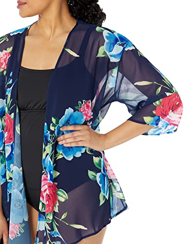 Naivikid Women's 3/4 Sleeve Floral Print Kimono Sheer Chiffon Loose Cardigan S-3XXL