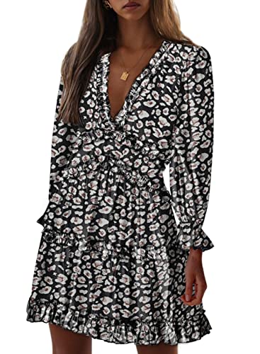 Dokotoo Women Dresses Cute Spring Boho Fall Casual Sexy Deep V Neck Ruffle Chiffon Lantern Long Sleeve Elegant Floral Printed Hawaiian Flowy Mini Short Skirt Dresses for Women Party 2022 X-Large
