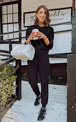 PRETTYGARDEN Women's 2023 Fall Two Piece Outfit Long Sleeve Crewneck Pullover Tops And Long Pants Tracksuit (Black,X-Large)