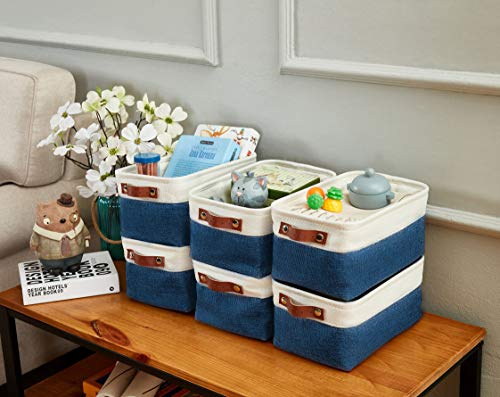 DECOMOMO Foldable Small Storage Bin | Rugged Canvas Fabric Basket Container W/ Leather Handles | Great for Organizing Closets, Offices, Nurseries and Homes (Grey and White, Small - 6 Pack)