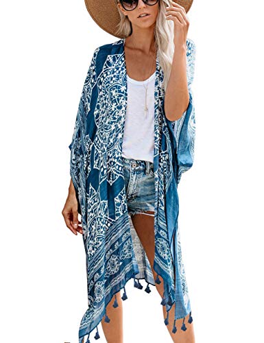 Bsubseach Loose Printed 3/4 Sleeve Kimono Cardigan