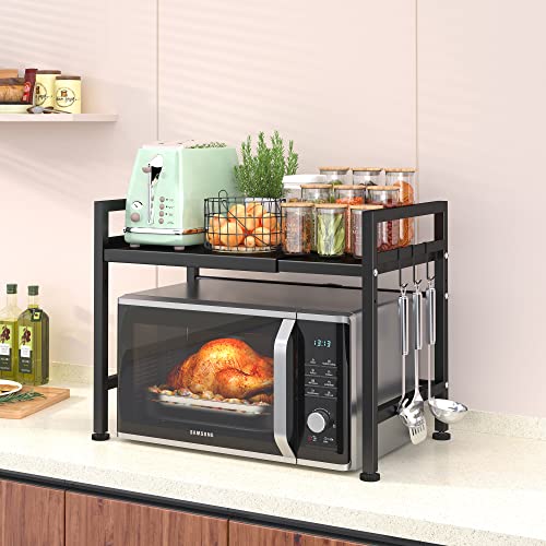 PUSDON Extendable Microwave Oven Rack, Adjustable Microwave/Toaster Shelf Heavy Duty Stand Kitchen Counter Top Organizer(L15.7~23.6" xW12.6 xH18.9), 2-Tier with 3 Hooks, 160lbs Weight Capacity, White