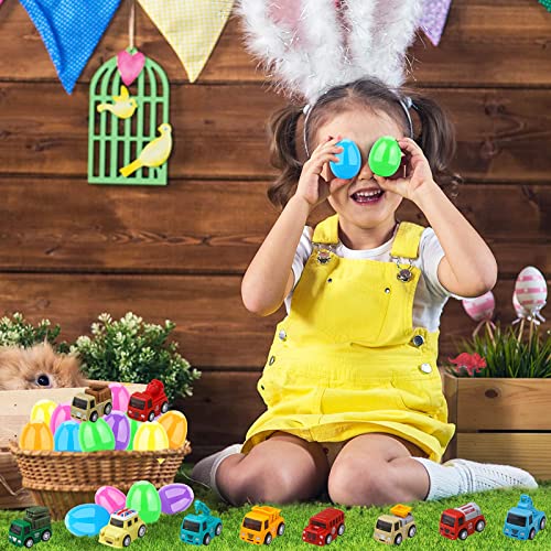 Dokeawo Easter Eggs Filled with Toys, 10Pcs Easter Eggs with 10Pcs Mini Pull-back Car Toys for Easter Egg Hunt, Easter Gifts for Kids, Easter Basket Stuffers for Kids