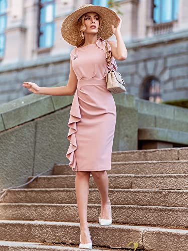 AISIZE Women's Pinup Vintage Ruffle Sleeves Cocktail Party Pencil Dress Small Pink