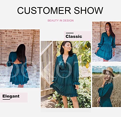 Dokotoo Women Dresses Cute Spring Boho Fall Casual Sexy Deep V Neck Ruffle Chiffon Lantern Long Sleeve Elegant Floral Printed Hawaiian Flowy Mini Short Skirt Dresses for Women Party 2022 X-Large