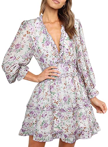 Dokotoo Women Dresses Cute Spring Boho Fall Casual Sexy Deep V Neck Ruffle Chiffon Lantern Long Sleeve Elegant Floral Printed Hawaiian Flowy Mini Short Skirt Dresses for Women Party 2022 X-Large