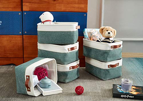 DECOMOMO Foldable Small Storage Bin | Rugged Canvas Fabric Basket Container W/ Leather Handles | Great for Organizing Closets, Offices, Nurseries and Homes (Grey and White, Small - 6 Pack)