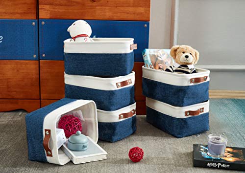 DECOMOMO Foldable Small Storage Bin | Rugged Canvas Fabric Basket Container W/ Leather Handles | Great for Organizing Closets, Offices, Nurseries and Homes (Grey and White, Small - 6 Pack)