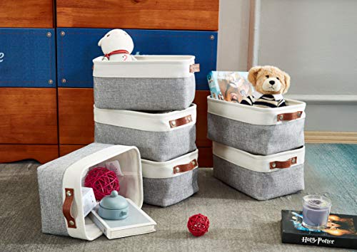 DECOMOMO Foldable Small Storage Bin | Rugged Canvas Fabric Basket Container W/ Leather Handles | Great for Organizing Closets, Offices, Nurseries and Homes (Grey and White, Small - 6 Pack)