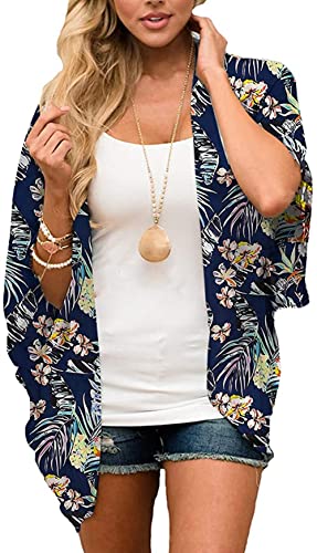 Naivikid Womens Floral Print Loose Puff Sleeve Kimono Cardigan Lace Patchwork Cover Up Blouse Lotus Root Gray 01 L