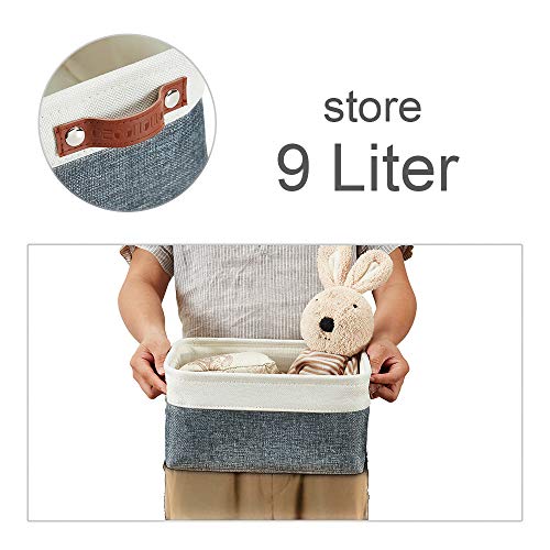 DECOMOMO Foldable Small Storage Bin | Rugged Canvas Fabric Basket Container W/ Leather Handles | Great for Organizing Closets, Offices, Nurseries and Homes (Grey and White, Small - 6 Pack)