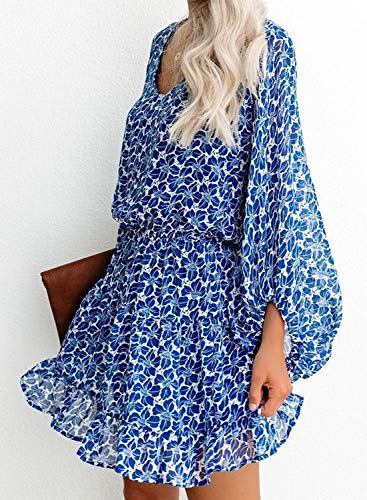 Dokotoo Women Dresses Cute Spring Boho Fall Casual Sexy Deep V Neck Ruffle Chiffon Lantern Long Sleeve Elegant Floral Printed Hawaiian Flowy Mini Short Skirt Dresses for Women Party 2022 X-Large