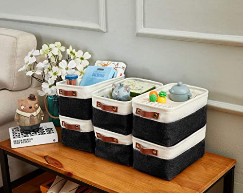 DECOMOMO Foldable Small Storage Bin | Rugged Canvas Fabric Basket Container W/ Leather Handles | Great for Organizing Closets, Offices, Nurseries and Homes (Grey and White, Small - 6 Pack)