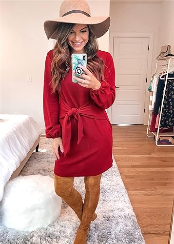 PRETTYGARDEN Women’s Elegant Long Lantern Sleeve Short Dress Crewneck Tie Waist Knit Cocktail Dress Dark Green