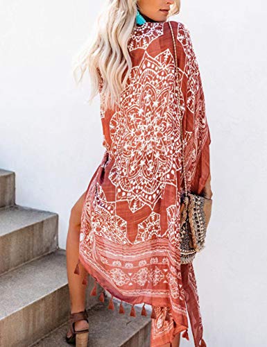 Bsubseach Loose Printed 3/4 Sleeve Kimono Cardigan