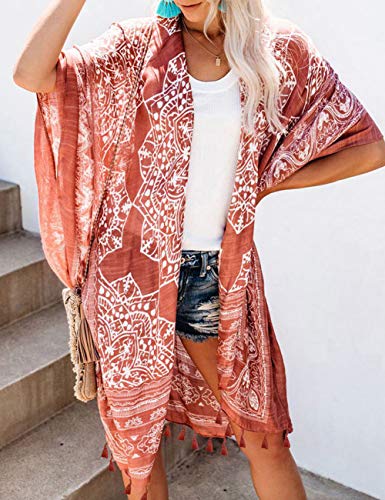 Bsubseach Loose Printed 3/4 Sleeve Kimono Cardigan