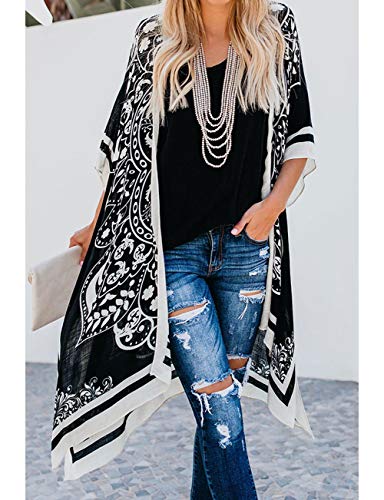 Bsubseach Loose Printed 3/4 Sleeve Kimono Cardigan