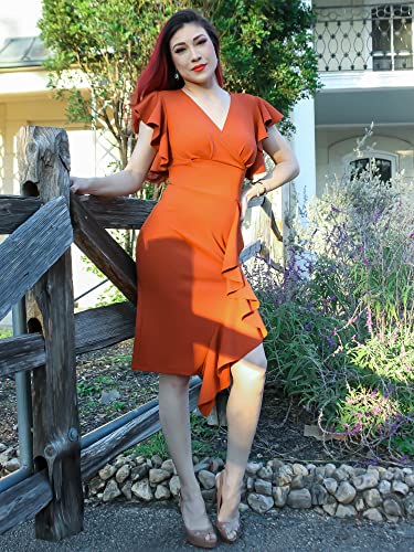 Knitee Women's Deep-V Neck Ruffle Sleeves Cocktail Party Pencil Slit Formal Dress (A-Black, Small)