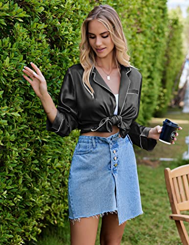 Ekouaer Women's Satin Pajama Set 2-Piece Sleepwear Loungewear Long Sleeve Button Down Pj Set(02 Black,Medium)