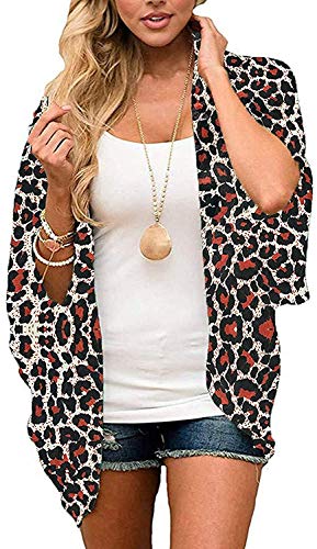 Naivikid Women's Summer Floral Print Kimonos Loose Half Sleeve Chiffon Cardigan Blouses Casual Cover Up White Red Flowers L