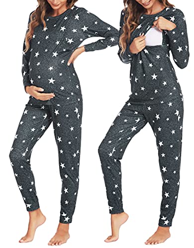 Ekouaer Maternity Clothes Winter Nursing PJS Thermal Underwear Set for Women Stirped Winter Warm Maternity & Nursing Pjs (Light Gray M)