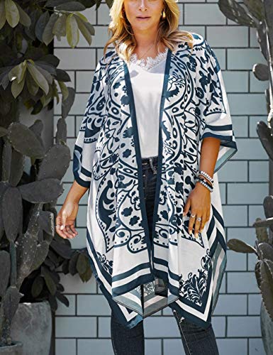 Bsubseach Loose Printed 3/4 Sleeve Kimono Cardigan