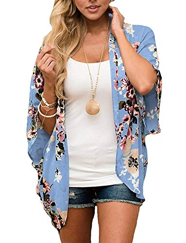 Naivikid Women's Summer Floral Print Kimonos Loose Half Sleeve Chiffon Cardigan Blouses Casual Cover Up White Red Flowers L