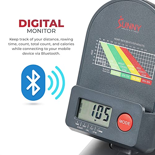 Sunny Health & Fitness Rowing Machine with Magnetic Resistance, LCD Monitor, 8-level Resistance, 1117 mm Step Length, 113 KG Max. Weight - SF-RW5515, Ergometer, Training Computer