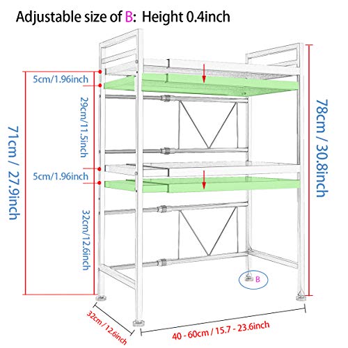 PUSDON Extendable Microwave Oven Rack, Adjustable Microwave/Toaster Shelf Heavy Duty Stand Kitchen Counter Top Organizer(L15.7~23.6" xW12.6 xH18.9), 2-Tier with 3 Hooks, 160lbs Weight Capacity, White