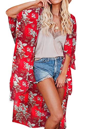 Jayscreate Women's Chiffon Kimono Cardigan Lightweight Batwing Summer Casual Sheer Swimsuit Up for Women Coverup Tops