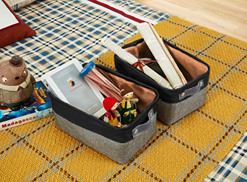 DECOMOMO Foldable Small Storage Bin | Rugged Canvas Fabric Basket Container W/ Leather Handles | Great for Organizing Closets, Offices, Nurseries and Homes (Grey and White, Small - 6 Pack)