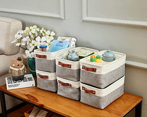 DECOMOMO Foldable Small Storage Bin | Rugged Canvas Fabric Basket Container W/ Leather Handles | Great for Organizing Closets, Offices, Nurseries and Homes (Grey and White, Small - 6 Pack)