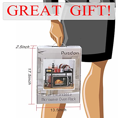 PUSDON Extendable Microwave Oven Rack, Adjustable Microwave/Toaster Shelf Heavy Duty Stand Kitchen Counter Top Organizer(L15.7~23.6" xW12.6 xH18.9), 2-Tier with 3 Hooks, 160lbs Weight Capacity, White