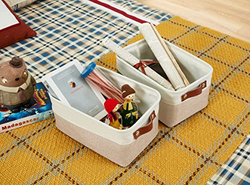 DECOMOMO Foldable Small Storage Bin | Rugged Canvas Fabric Basket Container W/ Leather Handles | Great for Organizing Closets, Offices, Nurseries and Homes (Grey and White, Small - 6 Pack)