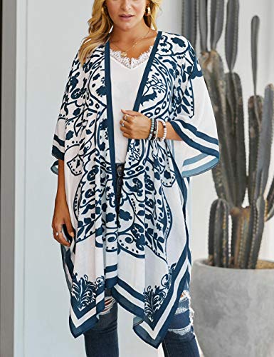Bsubseach Loose Printed 3/4 Sleeve Kimono Cardigan