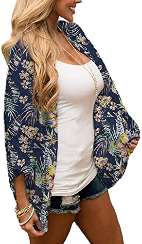 Naivikid Womens Floral Print Loose Puff Sleeve Kimono Cardigan Lace Patchwork Cover Up Blouse Lotus Root Gray 01 L
